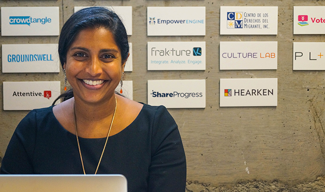 Christie George, director of New Media Ventures worked out of the London Hub while earning her MBA. Now she operates New Media Ventures out of a second-floor office at Impact Hub San Francisco. Photo by Nathan Allen